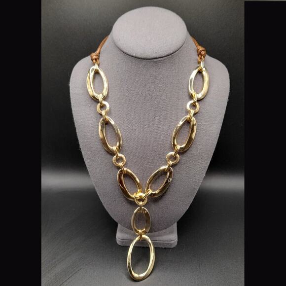 Chico's Golden Link Necklace, Brown Twisted Leather Cord, 25 Inches - Picture 5 of 12